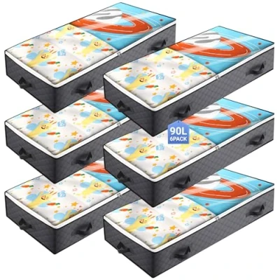Afbeelding van TAVADA 6 stuks 90 l onderbed opbergdoos, onderbedcommode opbergtas onderbedbox organizer met kijkvenster opvouwbare opslag voor kussens, kleding, dekens