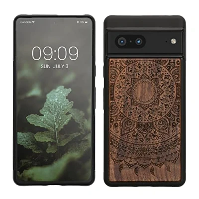 Afbeelding van kwmobile telefoonhoesje geschikt voorGoogle Pixel 7 Hoesje met bumper walnoothout In donkerbruin Indian Sun design