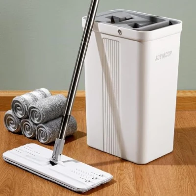 Afbeelding van JOYMOOP Mop &amp; emmer w/wringer set, platte vloer dweil emmer, voor vloerreiniging w/5 microfiber dweilen, nat en droog gebruik, huishoudelijke schoonmaakgereedschap, hardhout, laminaat