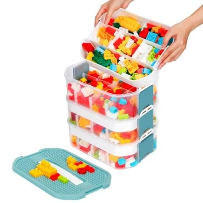 Afbeelding van Storage Organizer for Lego Plastic Kids Toy Container Box Stackable Building Block Playroom Organization Bin with Bricks Baseplate Lid 3 Layers Adjustable Compartments Portable Chest Case