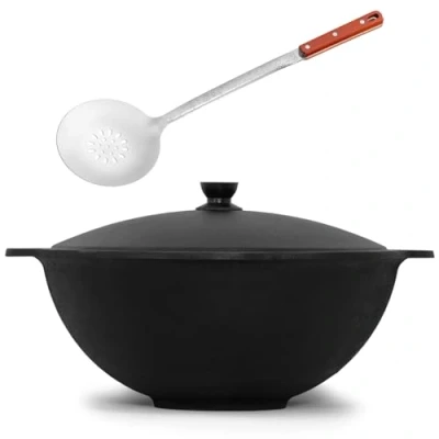 Afbeelding van Kazan NAMANGAN Uzbek gietijzeren pan 12 l met schuimspaan deksel Cast Iron KESSEL Camping Usbek zwenkpan Asia WOK aluminium grillwok wokpan