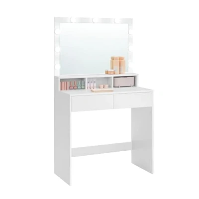 Afbeelding van VASAGLE kaptafel, cosmeticatafel met 9 LED lampen en spiegel, instelbare lichtsterkte, 2 laden 3 open vakken, lades, modern, wit RDT120T10
