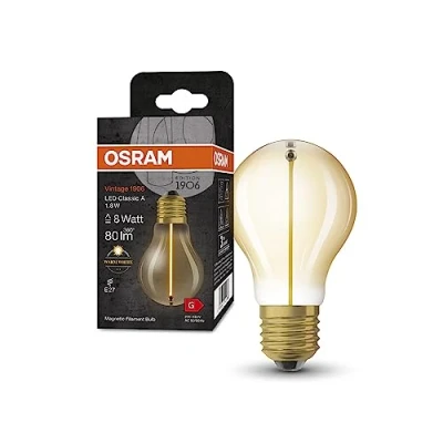 Afbeelding van OSRAM Vintage 1906® standard filament LED pære, E27, klassisk pæreform, guld, 1,8W, 80lm, 2700K, varmt hvidt lys, meget lavt energiforbrug, lang levetid, magnetisk filamentament