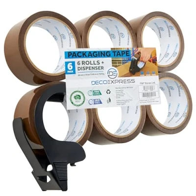 Afbeelding van Verpakking Tape Dispenser met 6 Rollen Sterke Bruine Breekbare Duidelijke Heavy Duty voor Verpakken Dozen Verhuizen Huis Essentials (Kleine Bruin)