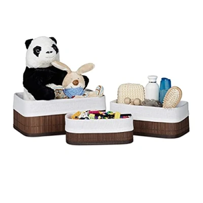 Afbeelding van Relaxdays opbergmand bamboe stof mandjes set van 3 manden badkamer bruin