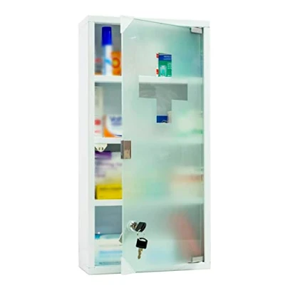Afbeelding van Style home medicijnkastje, 60 x 30 12 cm, afsluitbare medicijnkast, apothekerskast, eerstehulp kast met glazen deur, incl. 2 sleutels (wit, 4 vakken)