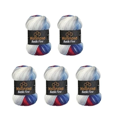 Afbeelding van 5 x 100 g Wollbiene Batik Fine 500 gram wol met kleurverloop meerkleurige breiwol haakwol (1540 blauw donkerrood wit)