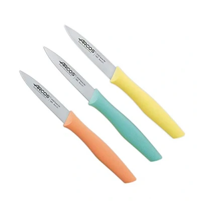 Afbeelding van Arcos Messen 3 Kleuren schilmesje aardappelschilmessen Nitrum roestvrij staal Ecologische verpakking kleurrijk mes (85 mm, geel, turkoois, oranje)