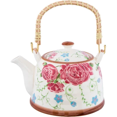 Afbeelding van Clayre &amp; Eef Theepot met Filter 700 ml Beige Roze Keramiek Rond Bloemen Theekan