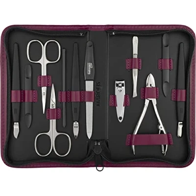 Afbeelding van marQus Solingen Mega Manicureset Heren en Dames 12 delig Nagelset met alles wat je nodig hebt voor manicure pedicure, in hoogwaardig echt lederen etui