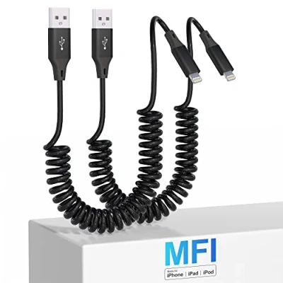 Afbeelding van Opgerolde Lightning kabel, 2 stuks, A pple Carplay &amp; MFi gecertificeerd, intrekbare iPhone oplader met gegevensoverdracht, kort oplaadsnoer voor iPhone/Pad/Pod