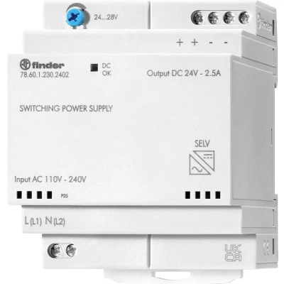 Afbeelding van Finder voeding voor schakelkasten 60w 24vdc 2 5a din rail met interne zekering instelbare spanning aan de uitgang 78 61 1 230 2403