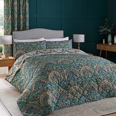 Afbeelding van Dreams &amp; Drapes Teal Jacobean bloemen sprei (230 x 195cm) traditionele dekbedovertrek groenblauw Perzische sprei/gewatteerde deken Vintage donker turquoise dekbed