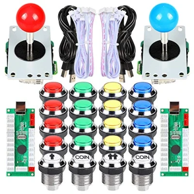Afbeelding van EG STARTS 2 spelers klassieke Arcade wedstrijd DIY kits USB Encoder naar PC Joystick + 8 mogelijkheden sticker Chrome LED lichtknop 1 &amp; munttoetsen voor Mame Raspberry Pi 3