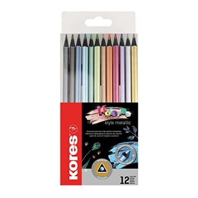 Afbeelding van Kores Kolores Style Metallic: 12 zwart hout kleurpotloden voor kinderen, beginners en volwassenen, metallic tinten donkere, ambachtelijke witpapier, set van verschillende kleuren