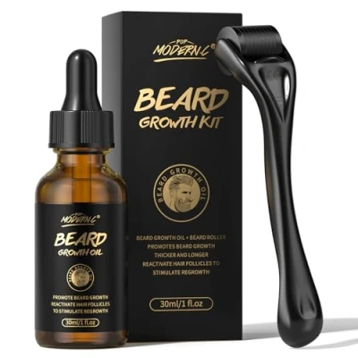 Afbeelding van Baardgroeiset, biotine baardgroeiolie met roller ter bevordering van de haargroei, baardserum voor gezichtshaarbehandeling, mannelijk, dik, 1 fl oz