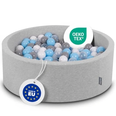 Afbeelding van KiddyMoon 90 x 30 cm babyballenbak van schuim / 200 ballen met diameter 7 cm. Gecertificeerd gemaakt in EU lichtgrijs transparant/grijs/wit/roze/lichtgroen (Mint)