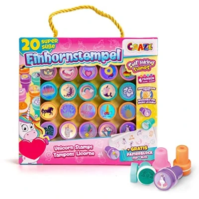 Afbeelding van CRAZE Stempel kinderen met eenhoornmotieven stempelkoffer 20 stempelkussens afwasbaar stempelset eenhoorn kleurrijk incl. papierblok in koffer 29190