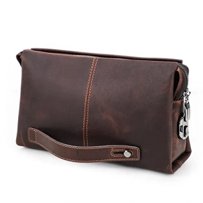 Afbeelding van Contacts Echt lederen ID kaarthouder voor heren, ritssluiting, muntensleutel, clutch, portemonnee, handtas, Donkere koffie, One size