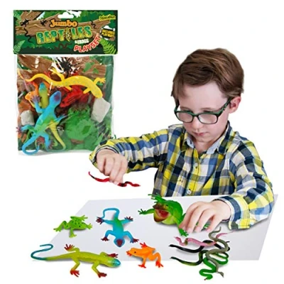 Afbeelding van Jumbo Playset Reptiel van Deluxebase. grote Speelgoeddieren Figuurset. Zak met reptielenfiguurtjes o.a. Kikker, Hagedis en Slang. Perfect regenwoud dierenspeelgoed voor kinderen