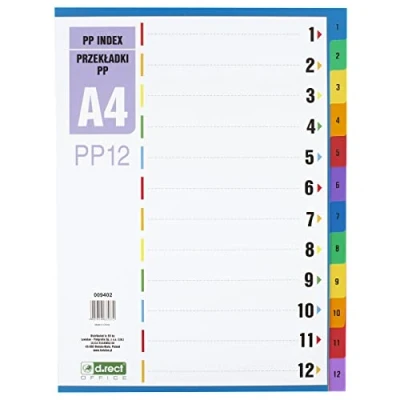 Afbeelding van D.RECT Register voor A4, PP12, 12 Tabbladen, Ringbandregister, Tabbladen met Nummeropdruk 1 12, Veelkleurig, Gekleurde van PP, Polypropyleen