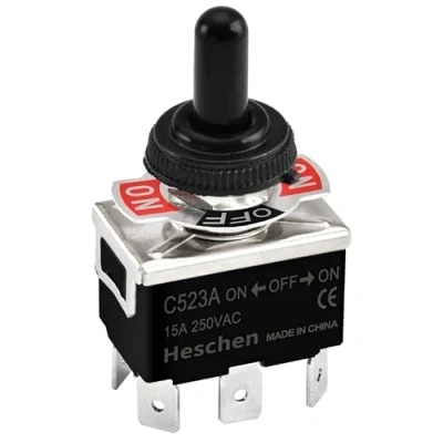 Afbeelding van Heschen Metalen tuimelschakelaar, C523A, DPDT, continu licht, aan/uit 3 standen, 15 A 250 VAC, 6 platte stekker, CE, met waterdichte kap (1)