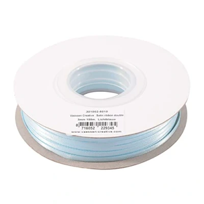 Afbeelding van Vaessen Creative 301002 5010, lichtblauw, satijnen lint, 3 mm x 100 m dubbel decoratief cadeaulint, stoffen lint voor bruiloft, doop en verjaardagscadeaus, satijn, mm,