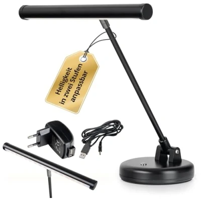 Afbeelding van Showlite PL 1BK LED pianolamp zwart (pianolamp, 15 LEDs, 2 standen, 36 cm hoog, werkt via USB, netstroom of batterij)
