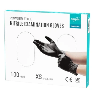 Afbeelding van EUROPAPA 100 x nitrilhandschoenen, doos wegwerphandschoenen, onderzoekshandschoenen, nitril handschoenen, poedervrij, zonder latex, niet steriel, latexvrij, wegwerphandschoenen (XS, Zwart)