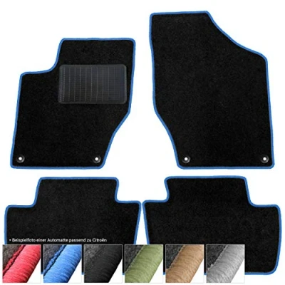 Afbeelding van moto MOLTICO Vloermatten auto velours autotapijten zwart automatten set 4 delig geschikt voor Peugeot 107 Citroen C1 2005 2014 (blauw siernaden)