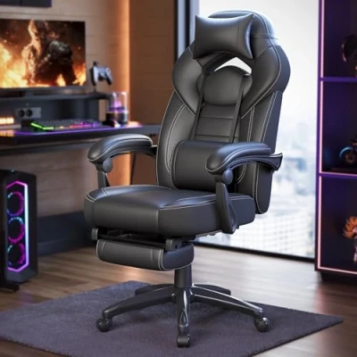 Afbeelding van SONGMICS Ergonomische gamingstoel Bureaustoel met telescopische voetensteun Verstelbare hoofdsteun Lendensteun Maximale belasting 150 kg Zwart OBG077B01