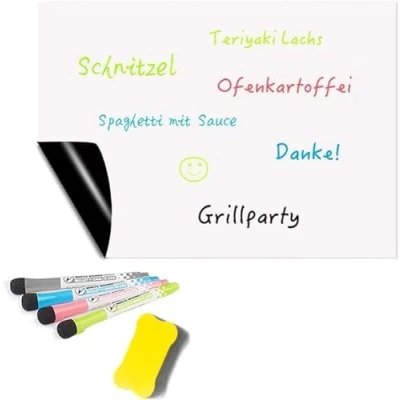 Afbeelding van Magnetische whiteboardfolie voor koelkast, eetplanner, boodschappenlijstje, A3, magneetfolie, koelkastplanner, zelfklevend, wit, afwasbaar, 43 x 30 cm, met 4 markers
