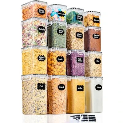 Afbeelding van GoMaihe Voorraaddoos, 16 delige set, luchtdichte keukenorganizer van kunststof, met deksel, geschikt om muesli, meel, koffiebonen, cornflakes e.d. in te bewaren, formaat: 1,7 l, 1,25 0,75 l