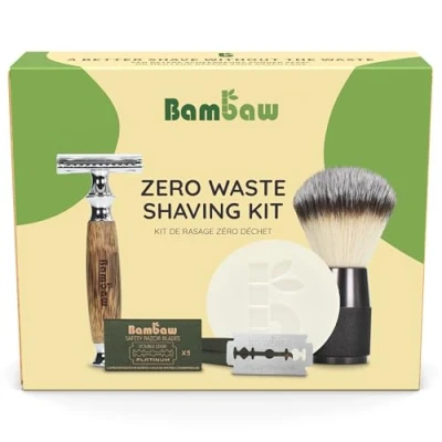 Afbeelding van Bambaw Duurzame scheerset, inclusief 1 bamboe veiligheidsscheermes, 15 mesjes, parfumvrije scheerzeep &amp; zwarte scheerkwast, milieuvriendelijke geschenkset