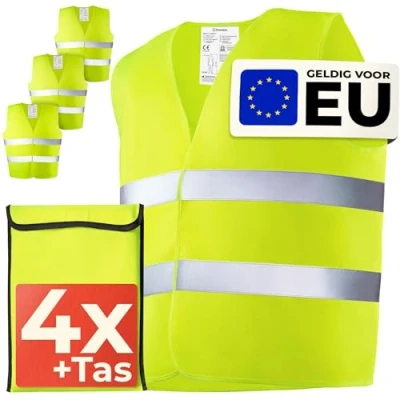 Afbeelding van 4 Reflecterend Veiligheidsvest met Hoge Zichtbaarheid Set Tas Gecertificeerd EN ISO 20471, Geldig in Heel Europa Ideaal voor Auto, Bouw Universele Maat Geel
