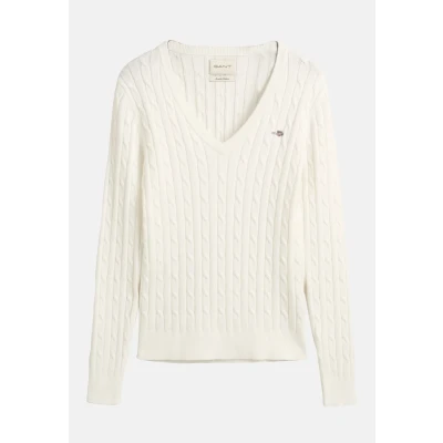 Afbeelding van GANT Stretch Cable Vneck Trui, Dames, Maat: 3XL, Eggshell