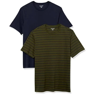 Afbeelding van Amazon Essentials Heren Regular Fit T shirt met korte mouwen en ronde hals, verpakking van 2 stuks, marineblauw/olijfgestreept, medium