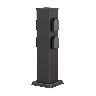 Afbeelding van ledscom.de Tuincontactdooszuil POLLY voor buiten, IP44, 4 voudig, roestvrij staal, kunststof, zwart, hoekig, 38 cm, buitencontactdoos, tuincontactdoos, contactdozentoren,