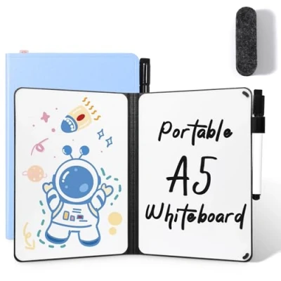 Afbeelding van AGM Mini whiteboard blauw, draagbaar A5 memobord klein dubbelzijdig schrijven geen magneet, 15 x 21 cm harde schaal voor kantoor, school, thuis incl. 1 marker met gumpunt