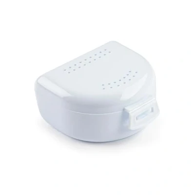 Afbeelding van Doos voor beugels, bijten en kunstgebitten, ademende behuizing met ventilatiegaten, draagbaar, duurzaam gemakkelijk te reinigen, 75 x 60 25 mm, tandbithouder van kunststof, wit.