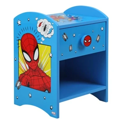 Afbeelding van Disney Spider Man nachtkastje: stevige constructie van hout met een 2 laags ontwerp voor voldoende opslag, kleine bijzettafel lade en opbergplank kinderslaapkamer