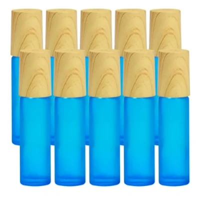 Afbeelding van Frosted glazen etherische olie roller flessen 10 stuks blauw mat glas met houtnerf dop &amp; roestvrij staal ballen ml lege parfumflessen (blauw)