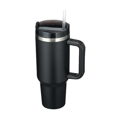Afbeelding van Dubbelwandige, roestvrijstalen vacuüm isolatiebeker, met handvat, rietje, geïsoleerde koffiemok, autobeker, reisbeker, thermobeker voor koude warme dranken, 1200 ml, zwart
