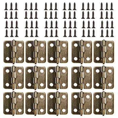Afbeelding van Mini scharnieren, klein, 50 stuks, voor kastje, lade, deur, kist, connectoren, 200 schroeven van 8 mm, messing scharnier, vervangende schroeven, metalen scharnier houten juwelenkist (bronskleurig)