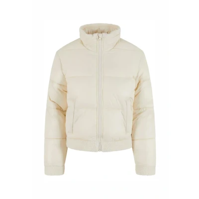 Afbeelding van Urban Classics Overgangsjas voor dames, gerecyclede glanzende sherpa jas, lichte bufferjas vrouwen, opstaande kraag, regular fit, wit zand/wit zand, M