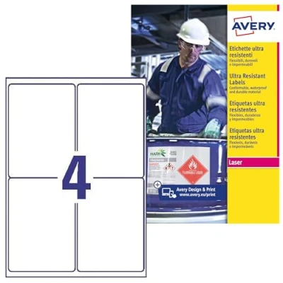 Afbeelding van Avery B7169 50 (99 x 139 mm) extra sterke lijm, ultra zware industriële waterdichte GHS etiketten, 4 etiketten per A4 vel