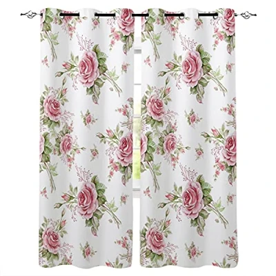 Afbeelding van LKCD Gordijnen Ondoorzichtig Roze Bloem Plant Roos 3D Motief, Set Van 2 Gordijnen, Verduistering Met Oogjes, Voor Slaapkamer Woonkamer 140X160CM