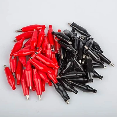 Afbeelding van 60 Pack 1,4&quot;/35 mm Zilverkleurige krokodillenklemmen, YuCool krokodil zilver toon vernikkelde elektrische testklemmen met rood/zwarte beschermende isolatiehoes voor laboratoriumtests