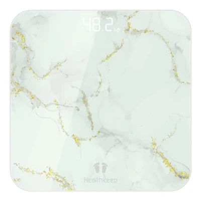Afbeelding van Healthkeep Digitale personenweegschaal, hoge precisie met helder display, step on technologie, 5 mm, gehard glas, tot 180 kg, marmerwit