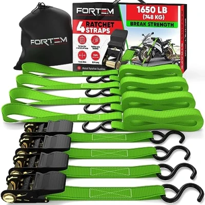 Afbeelding van FORTEM Ratelriemen, 748 KG Breeksterkte, 4 4.57M Spanriemenset, Zachte Lussen, Motorriemen, Spanriemen, Vrachtriemen Voor Vrachtwagens, Rubberen Handgrepen, S clips, Gecoate Metalen Haken, (Groen)